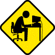 A contruction sign gif of someone hitting their head on a desk in front of a computer.